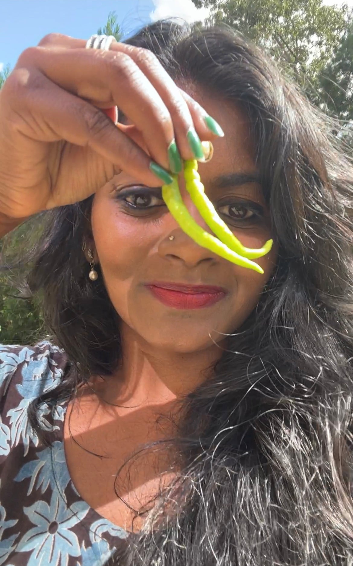 south indian woman with freshly harvested green chillies