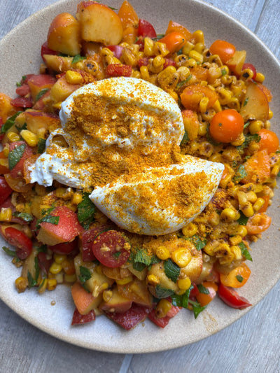 Sahar's Summer Burrata Salad with Crunchy Peanut PODI