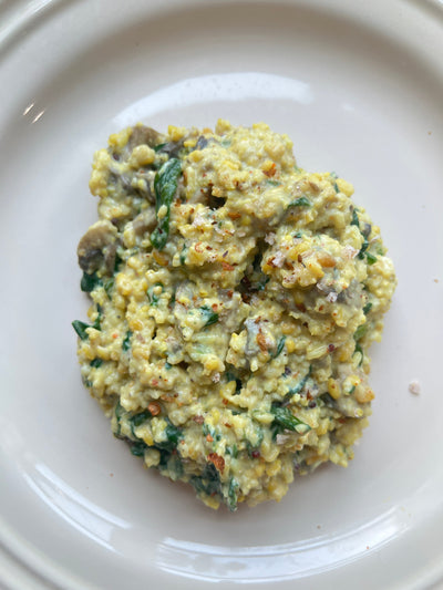 Creamy Labneh Mushroom Spinach Pongal
