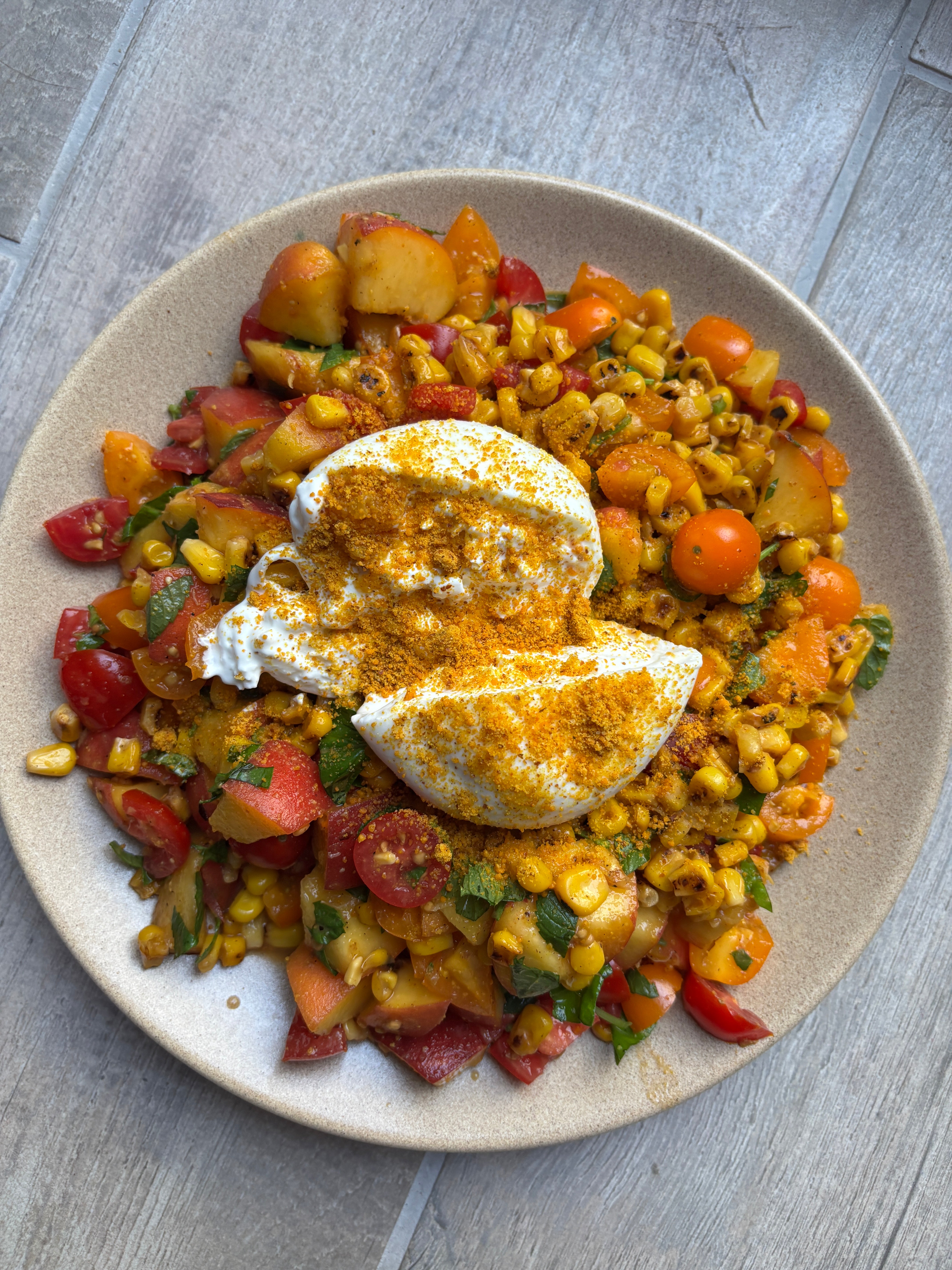 Sahar's Summer Burrata Salad with Crunchy Peanut PODI